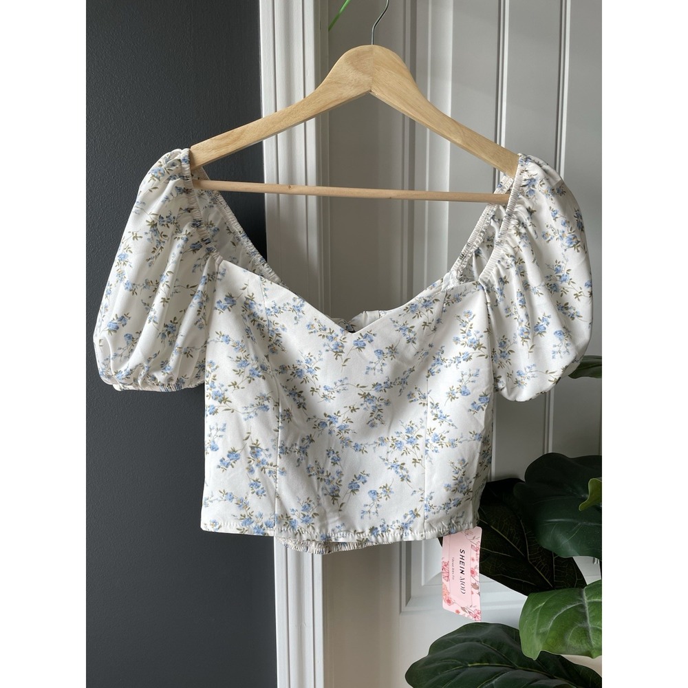 SHEIN MOD White Blue Green Floral Cropped Blouse Short Puff Sleeve Size S Boho